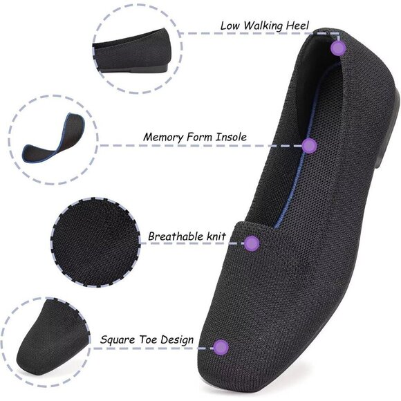 Frank Mully Flat Shoes Women Black Knitted Fabric Square Toe Slip Loafer Shoes - Picture 7 of 9